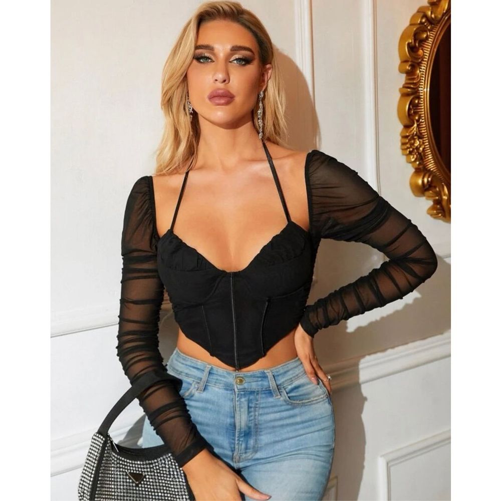 PARTHEA Tie Backless Ruched Hanky Hem Mesh Crop Corset Top